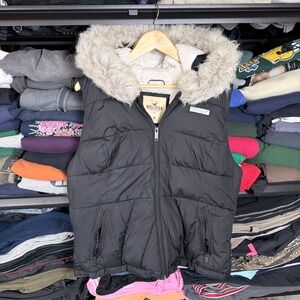 Hollister Womens Puffer Vest Black Sherpa Lined Hooded Fur Trim XL